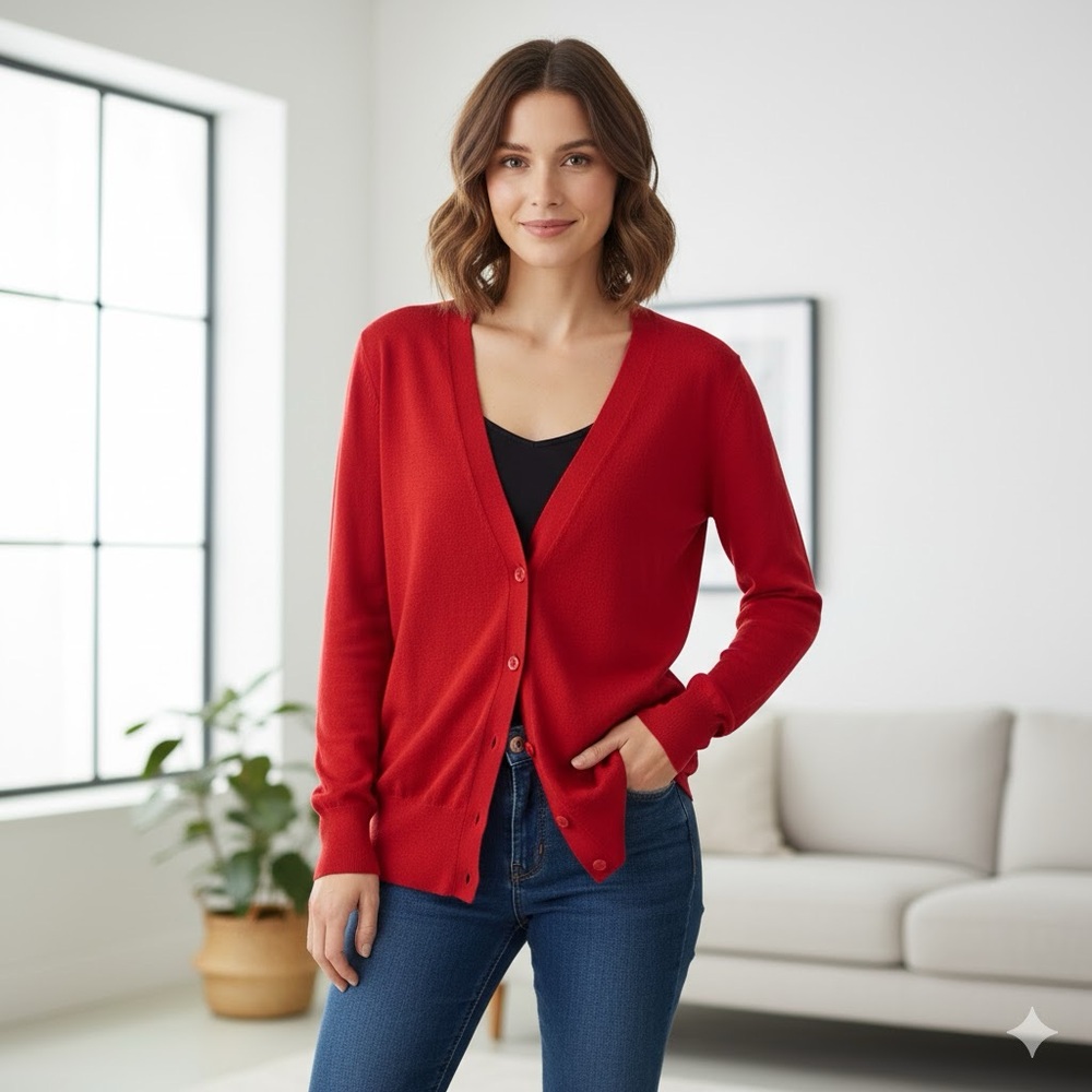 Vintage Moda International Silk Cashmere Cardigan Red Button Front XS Y2K Casual